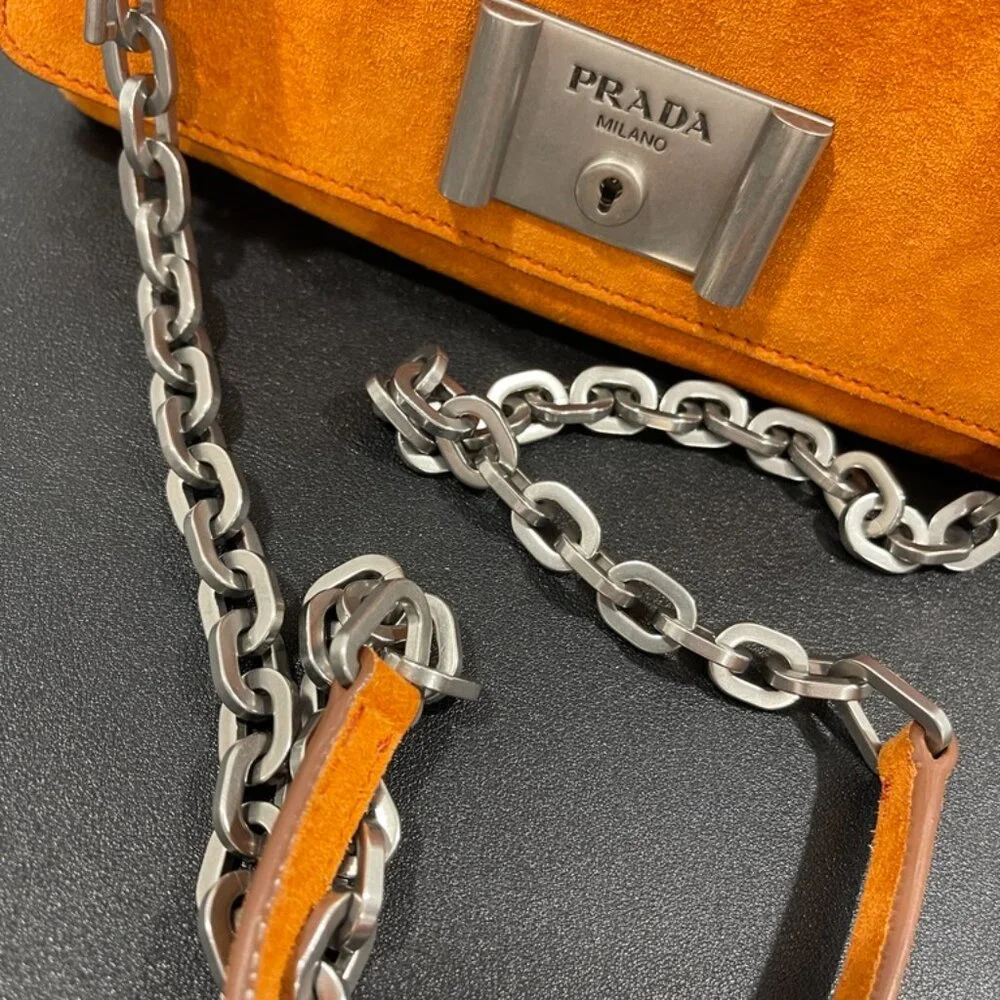 Prada Orange Suede Lock Flap Chain Shoulder Bag (141155)